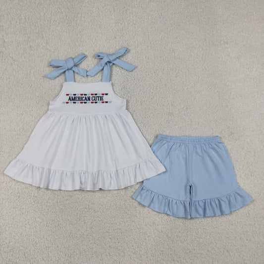 GSSO3480 Embroidery American Cutie Baby Girls Strap Tunic Ruffle Short 4th of July Clothes Sets