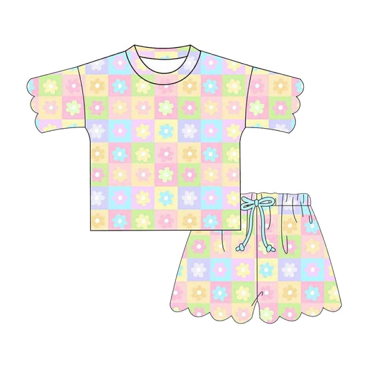 GSSO3482 Preorder Baby Girl Scallop Colorful Flowers Checked Top Short Clothes Sets