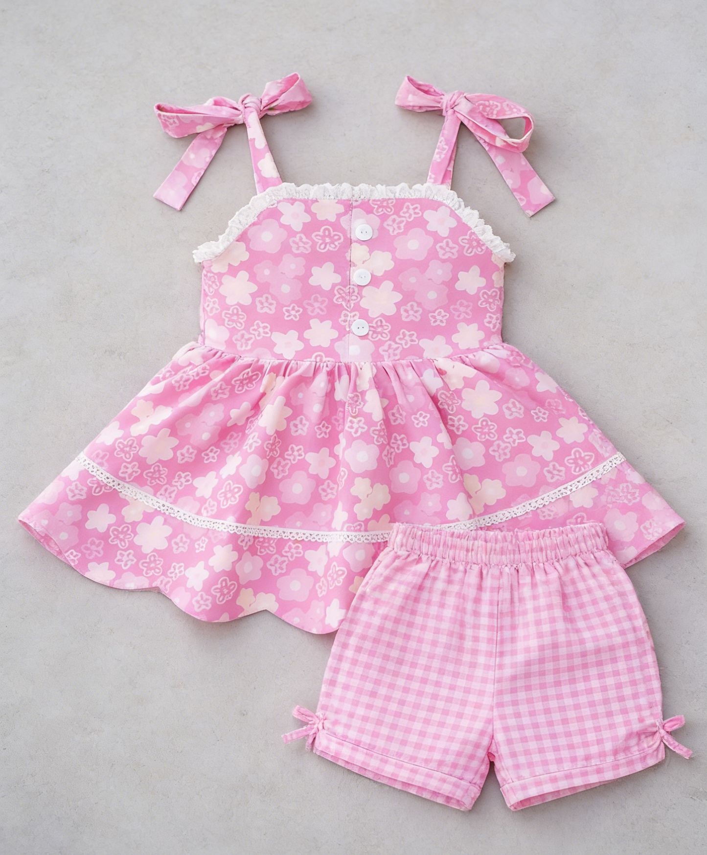 GSSO3484 Preorder Baby Girl Strap Pink Flowers Tunic Checked Short Clothes Sets
