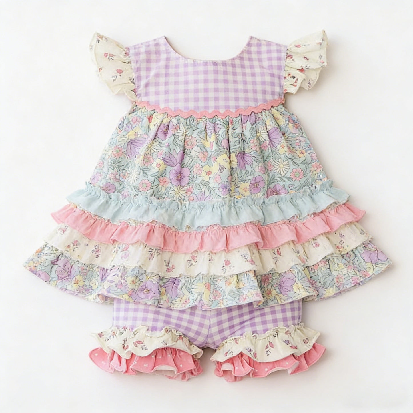 GSSO3485 Preorder Baby Girl Colorful Flowers Patchwork Tunic Ruffle Short Clothes Sets