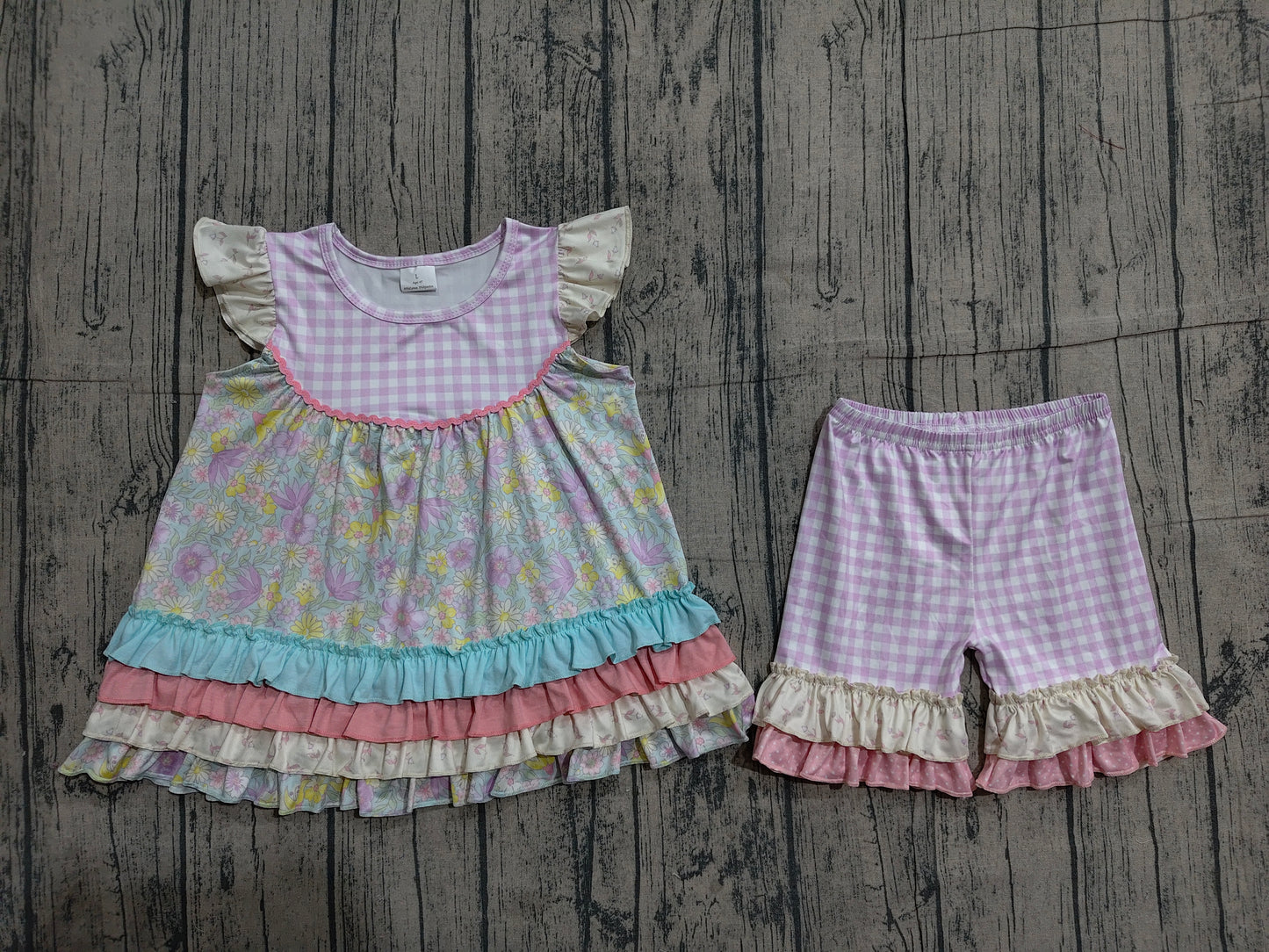 GSSO3485 Preorder Sample Baby Girls Colorful Flowers Patchwork Tunic Ruffle Short Clothes Sets