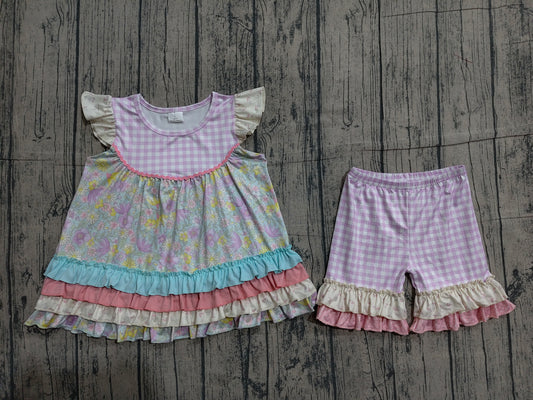 GSSO3485 Preorder Sample Baby Girls Colorful Flowers Patchwork Tunic Ruffle Short Clothes Sets