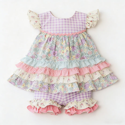 GSSO3485 Preorder Baby Girl Colorful Flowers Patchwork Tunic Ruffle Short Clothes Sets