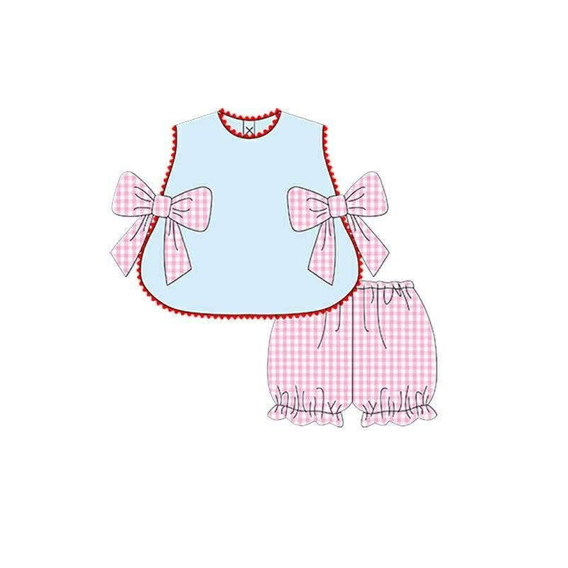 GSSO3487 Preorder Baby Girl Sleeveless Bows Tunic Checked Ruffle Short Clothes Sets