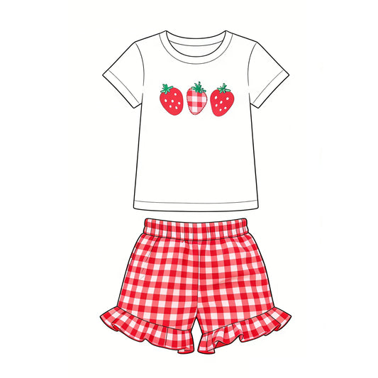 GSSO3488 Preorder Baby Girl Strawberry Top Checked Ruffle Short Clothes Sets