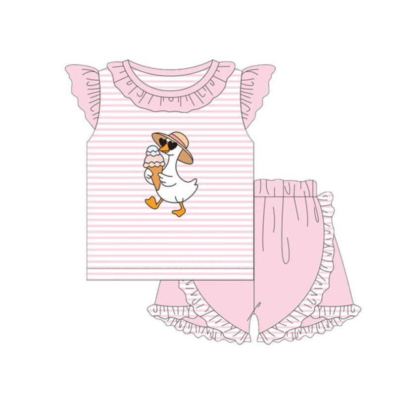 GSSO3493 Preorder Baby Girl Pink Stripe Ice Cream Goose Top Ruffle Short Clothes Sets