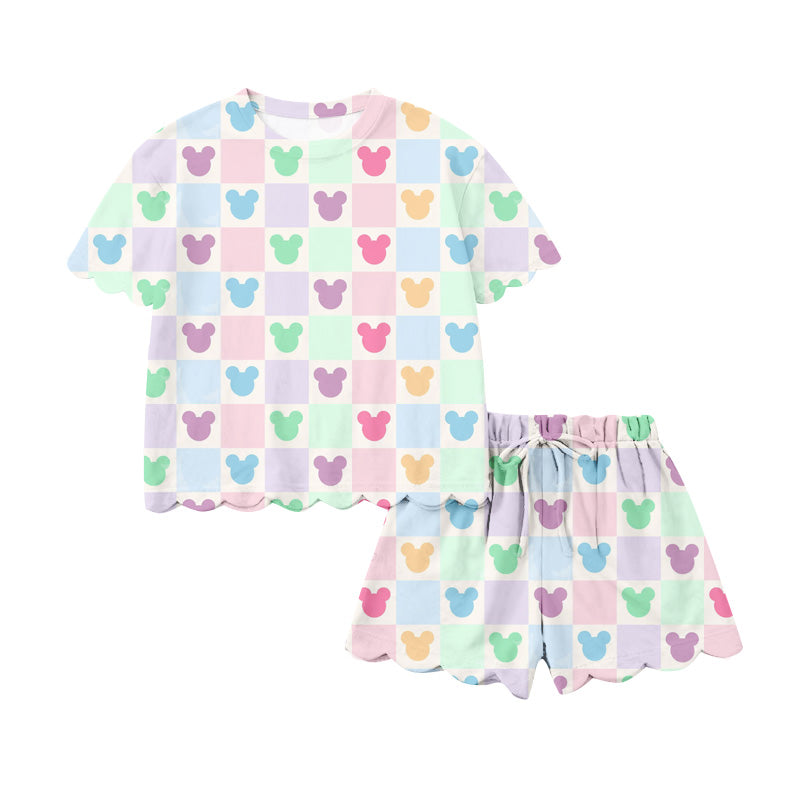 GSSO3496 Preorder Baby Girl Scallop Cartoon Mouses Checked Top Short Clothes Sets