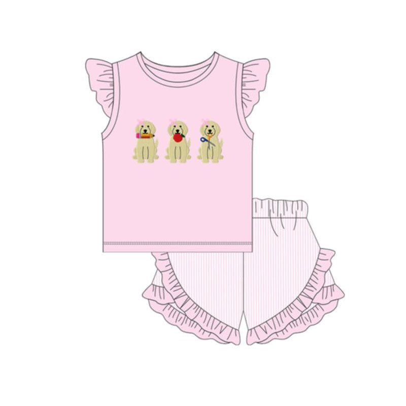 GSSO3497 Preorder Baby Girl Apple Pencil Dogs Top Stripe Ruffle Short Back to School Clothes Sets