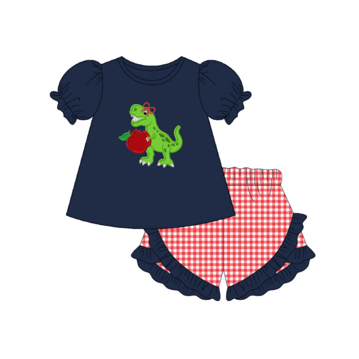 GSSO3499 Preorder Baby Girl Apple Dinosaurs Tunic Checked Ruffle Short Back to School Clothes Sets