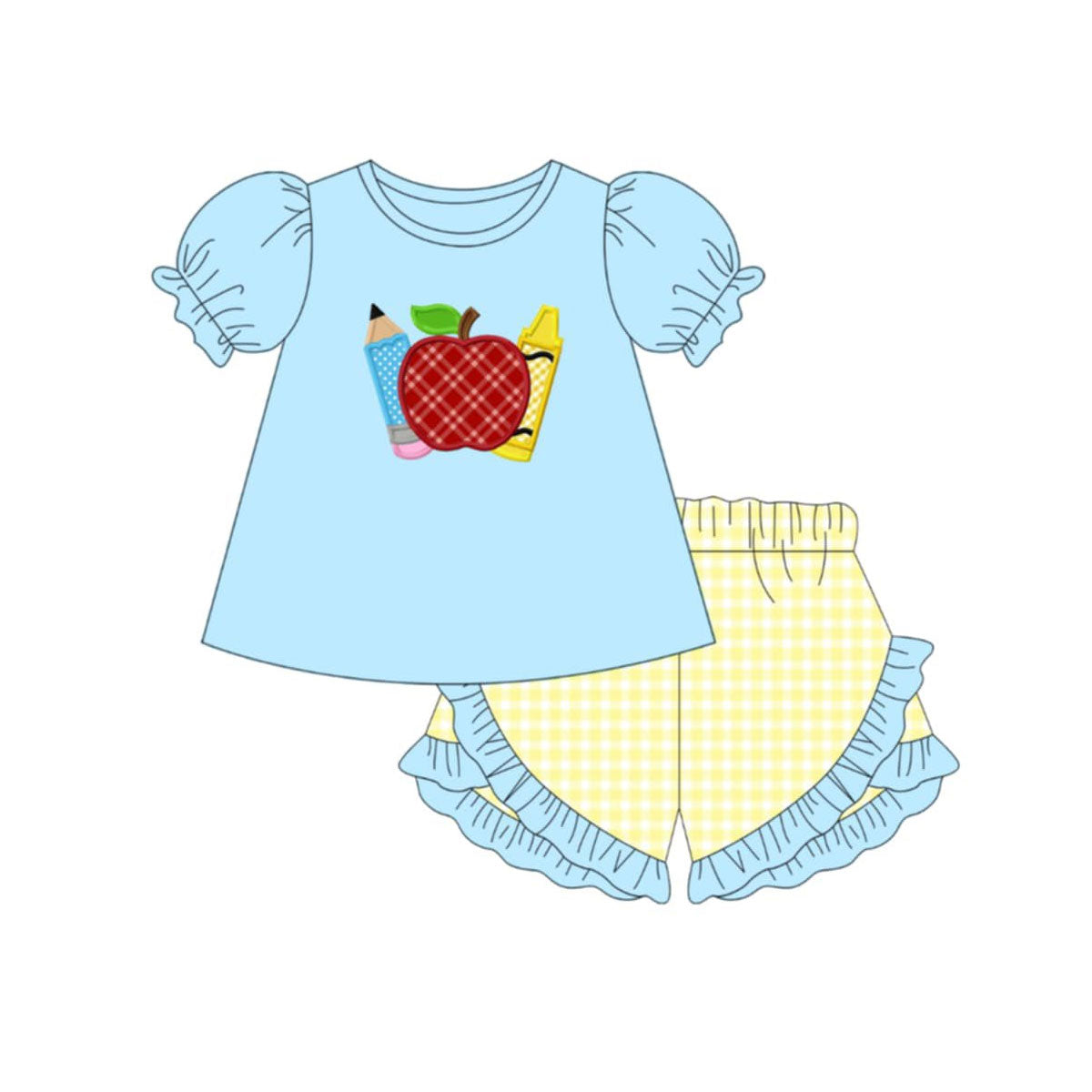 GSSO3500 Preorder Baby Girl Apple Pencils Tunic Checked Ruffle Short Back to School Clothes Sets