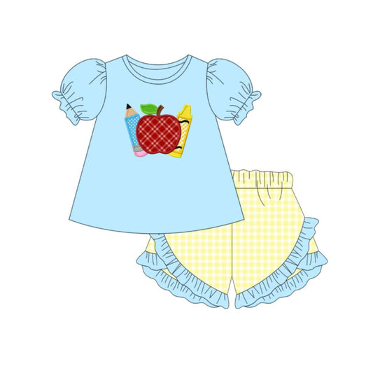 GSSO3500 Preorder Baby Girl Apple Pencils Tunic Checked Ruffle Short Back to School Clothes Sets