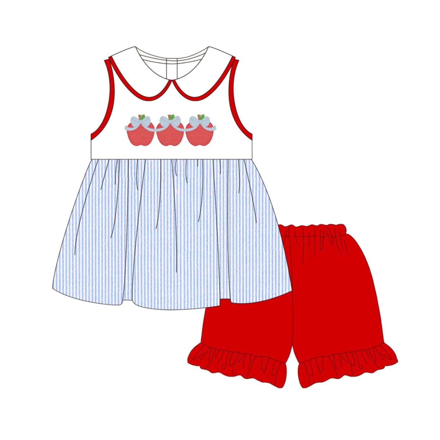 GSSO3501 Preorder Baby Girl Bows Apples Collar Tunic Ruffle Short Back to School Clothes Sets