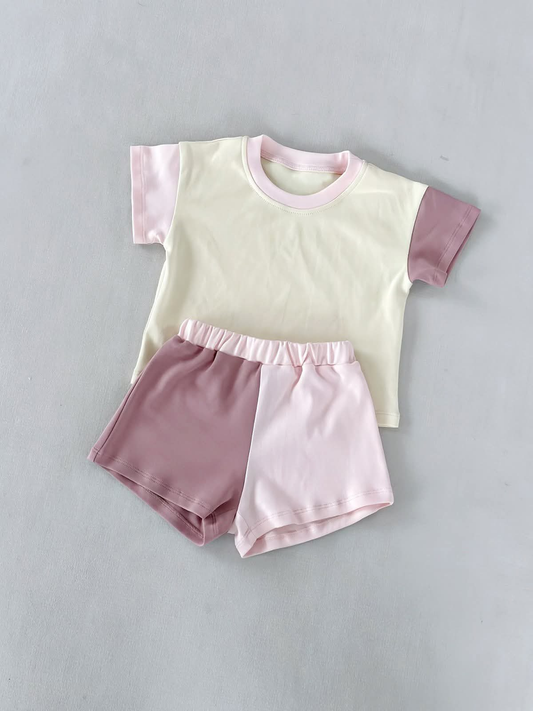 GSSO3503 Preorder Baby Girls Pink Purple Patchwork Top Short Pajamas Clothes Sets