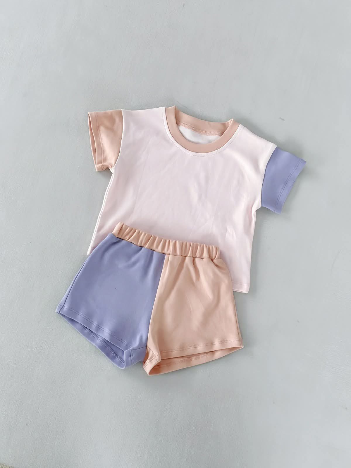 GSSO3504 Preorder Baby Girls Pink Blue Patchwork Top Short Pajamas Clothes Sets