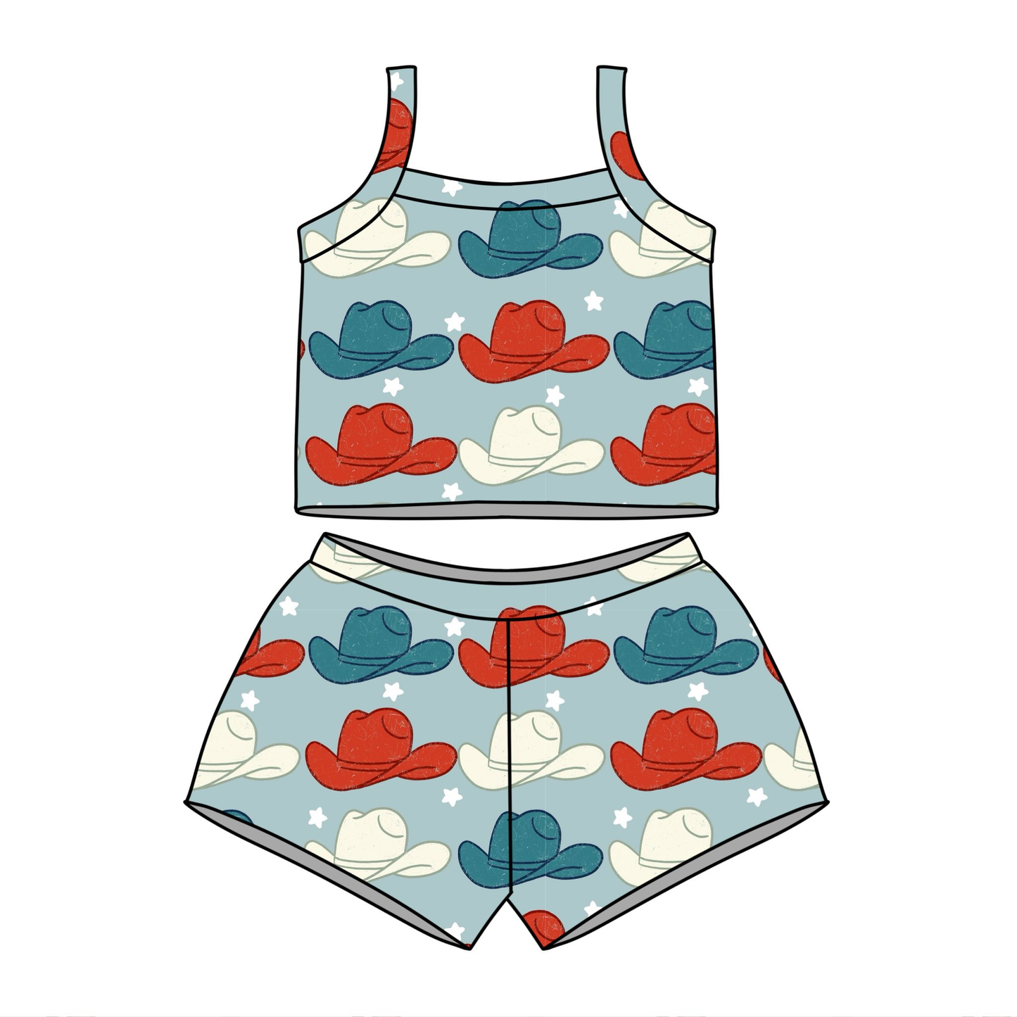 GSSO3509 Preorder Baby Girl Strap Hats Stars Vests Top Short Western Clothes Sets