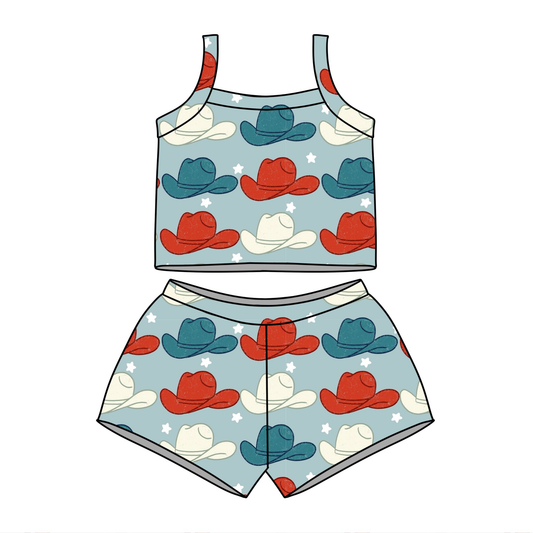 GSSO3509 Preorder Baby Girl Strap Hats Stars Vests Top Short Western Clothes Sets