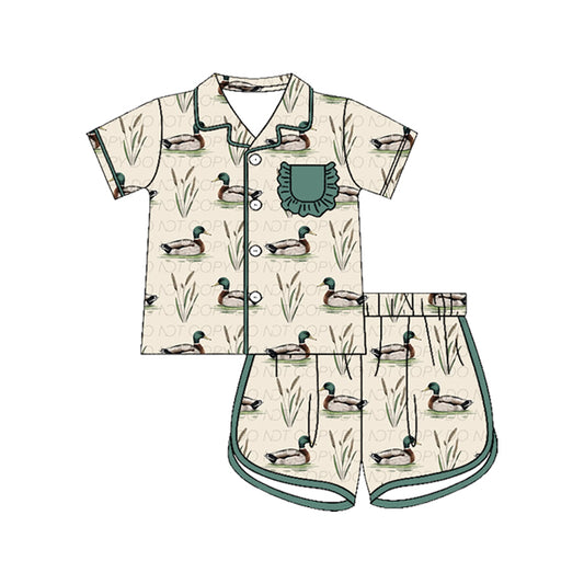 GSSO3512 Preorder Baby Girls Green Ducks Button Pocket Top Short Hunting Pajamas Sets