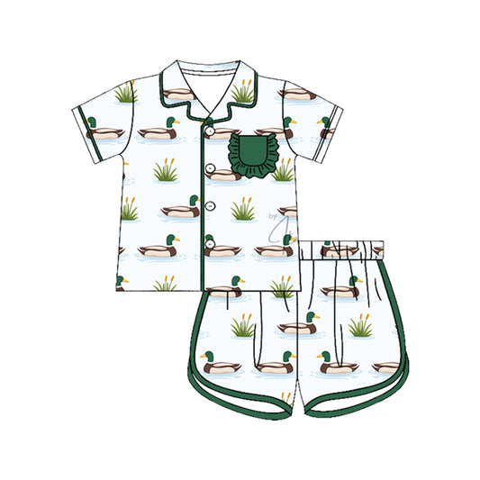 GSSO3513 Preorder Baby Girls Green Ducks Button Pocket Top Short Hunting Pajamas Sets