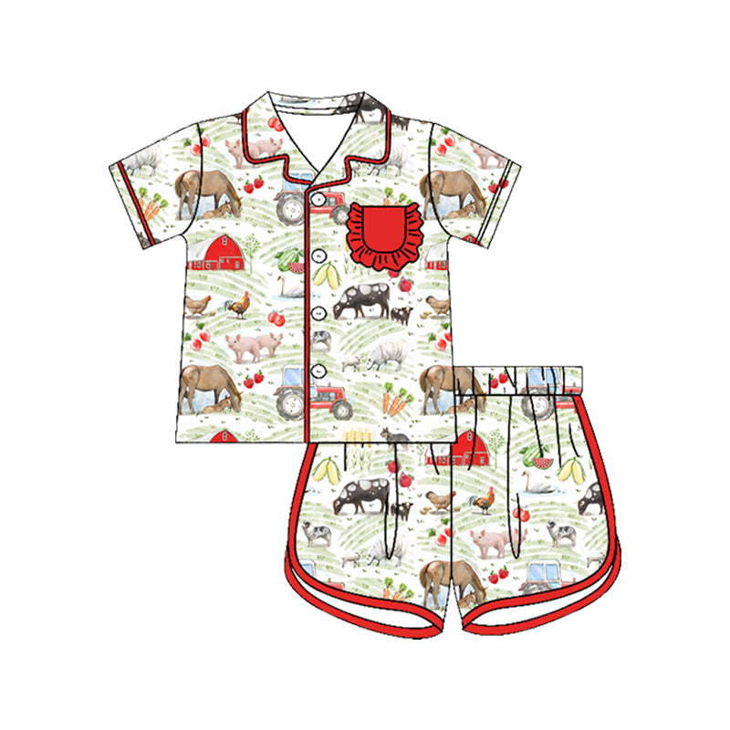 GSSO3514 Preorder Baby Girls House Cows Button Pocket Top Short Farm Pajamas Sets