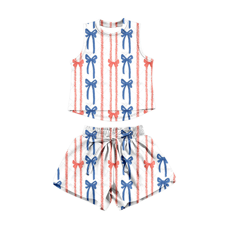 GSSO3515 Preorder Baby Girl Red Blue Bows Stripe Top Short 4th of July Clothes Sets