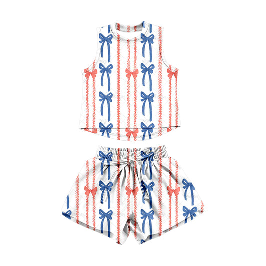 GSSO3515 Preorder Baby Girl Red Blue Bows Stripe Top Short 4th of July Clothes Sets
