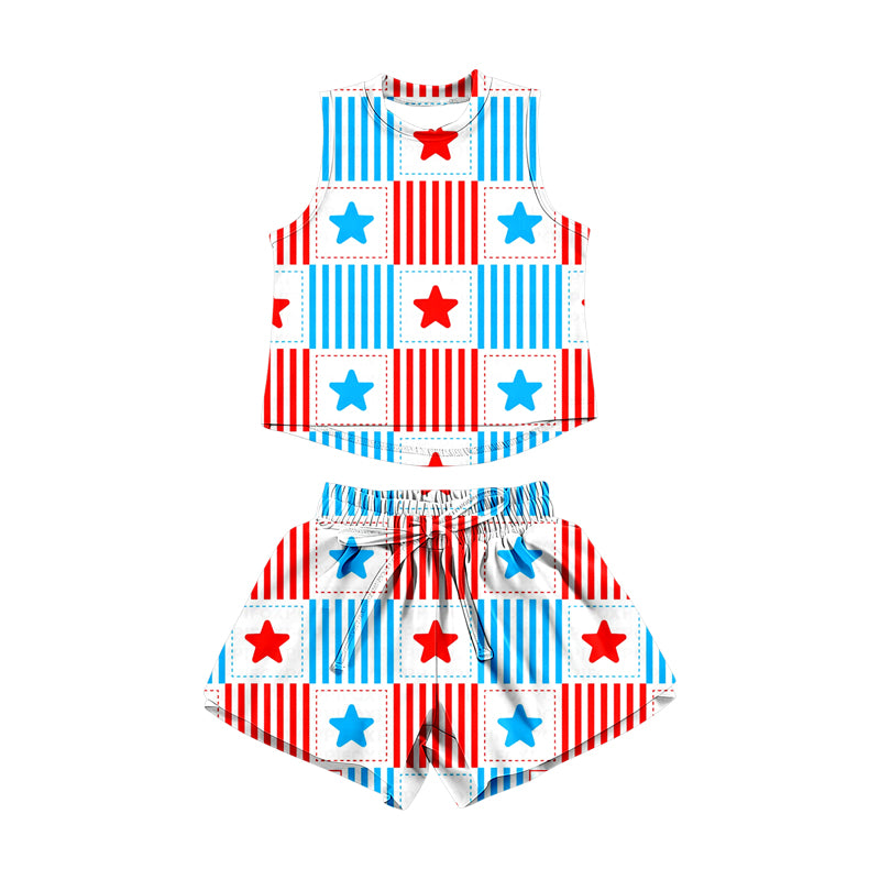 GSSO3516 Preorder Baby Girl Red Blue Flags Stars Checked Top Short 4th of July Clothes Sets