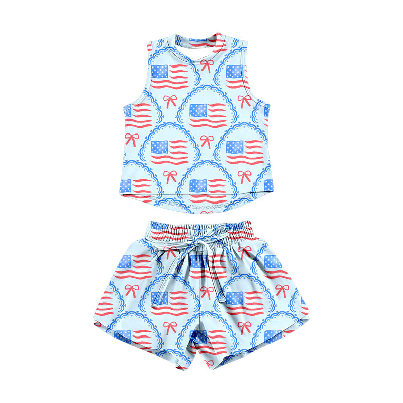 GSSO3517 Preorder Baby Girl Red Blue Flags Bows Checked Top Short 4th of July Clothes Sets