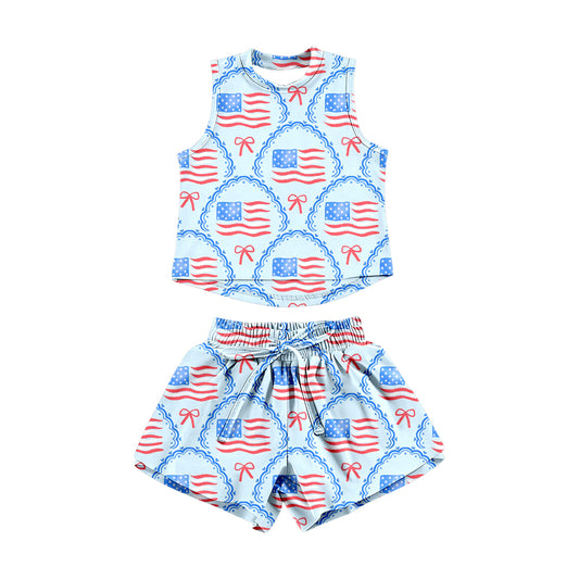 GSSO3517 Preorder Baby Girl Red Blue Flags Bows Checked Top Short 4th of July Clothes Sets
