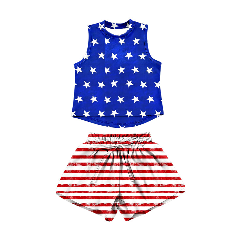 GSSO3518 Preorder Baby Girl Blue Stars Plaid Top Red Stripe Short 4th of July Clothes Sets