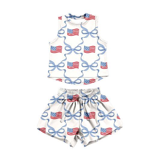 GSSO3519 Preorder Baby Girls Red Blue Bows Flags Checked Top Short 4th of July Clothes Sets