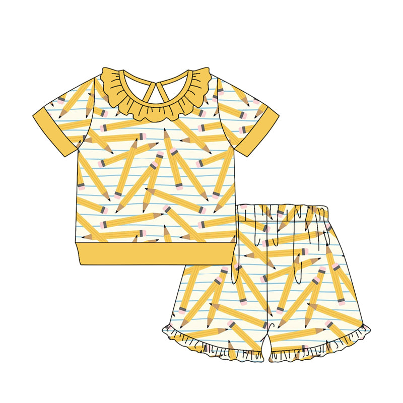 GSSO3521 Preorder Baby Girl Yellow Pencils Stripe Top Ruffle Short Back to School Clothes Sets