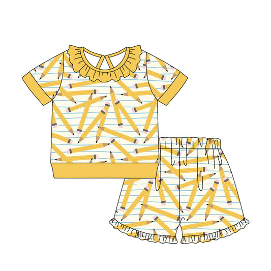 GSSO3521 Preorder Baby Girl Yellow Pencils Stripe Top Ruffle Short Back to School Clothes Sets