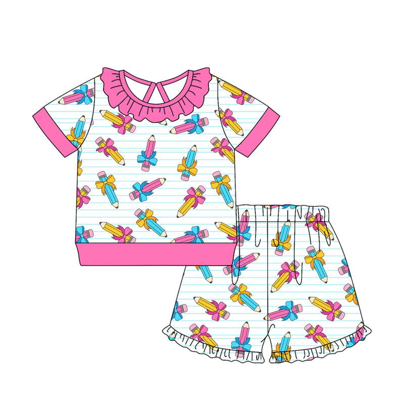 GSSO3522 Preorder Baby Girls Bows Pencils Stripe Top Ruffle Short Back to School Clothes Sets