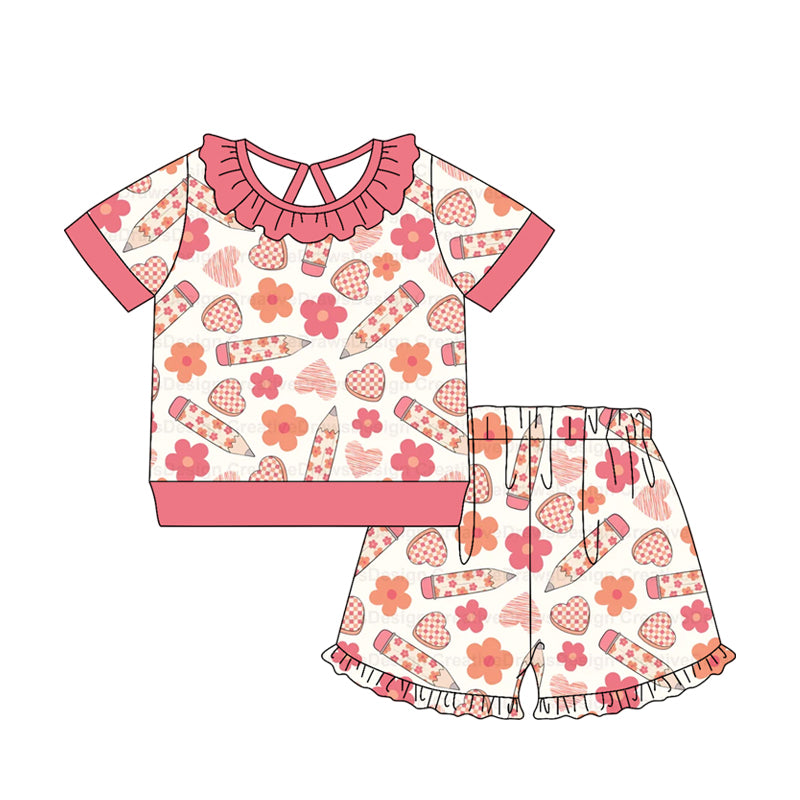 GSSO3524 Preorder Baby Girls Pencil Flower Hearts Top Ruffle Short Back to School Clothes Sets