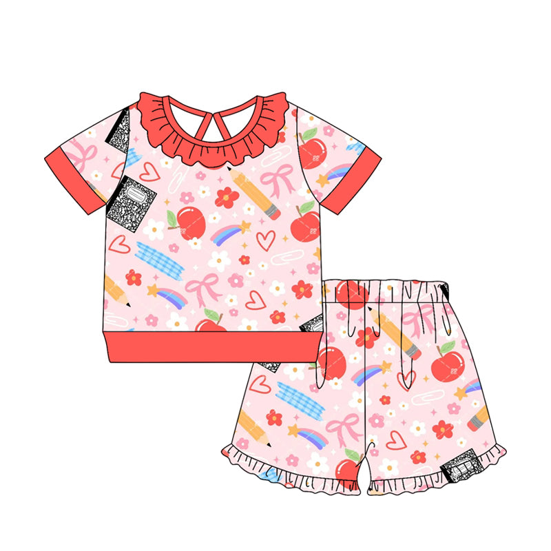 GSSO3525 Preorder Baby Girls Pencil Flower Apples Top Ruffle Short Back to School Clothes Sets