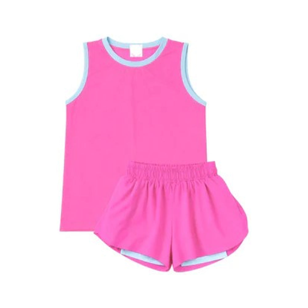 GSSO3526 Preorder Baby Girls Pink Sleeveless Vests Top Ruffle Short Yoga Active Clothes Set
