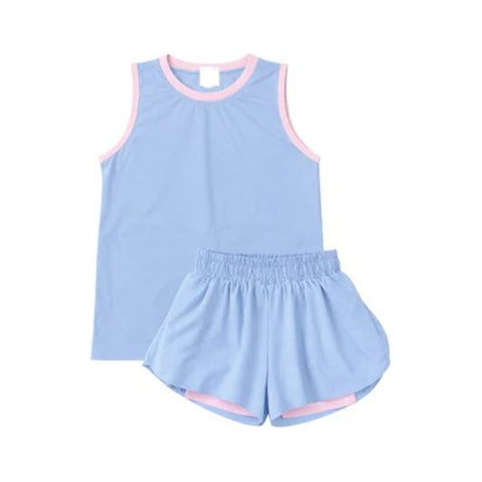 GSSO3527 Preorder Baby Girls Blue Sleeveless Vests Top Ruffle Short Yoga Active Clothes Set