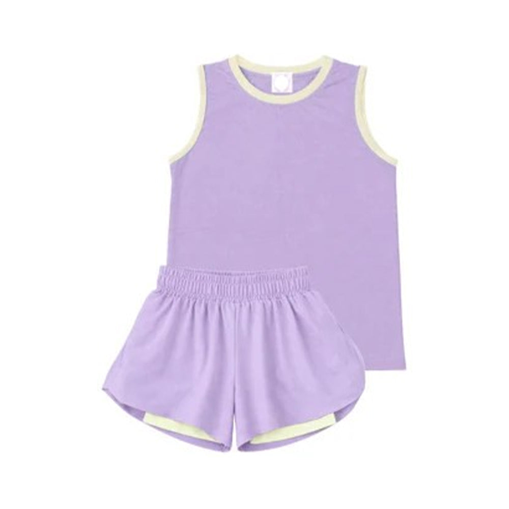 GSSO3528 Preorder Baby Girls Lavender Sleeveless Vests Top Ruffle Short Yoga Active Clothes Set
