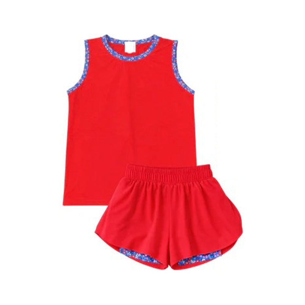 GSSO3529 Preorder Baby Girls Red Sleeveless Vests Top Ruffle Short Yoga Active Clothes Set