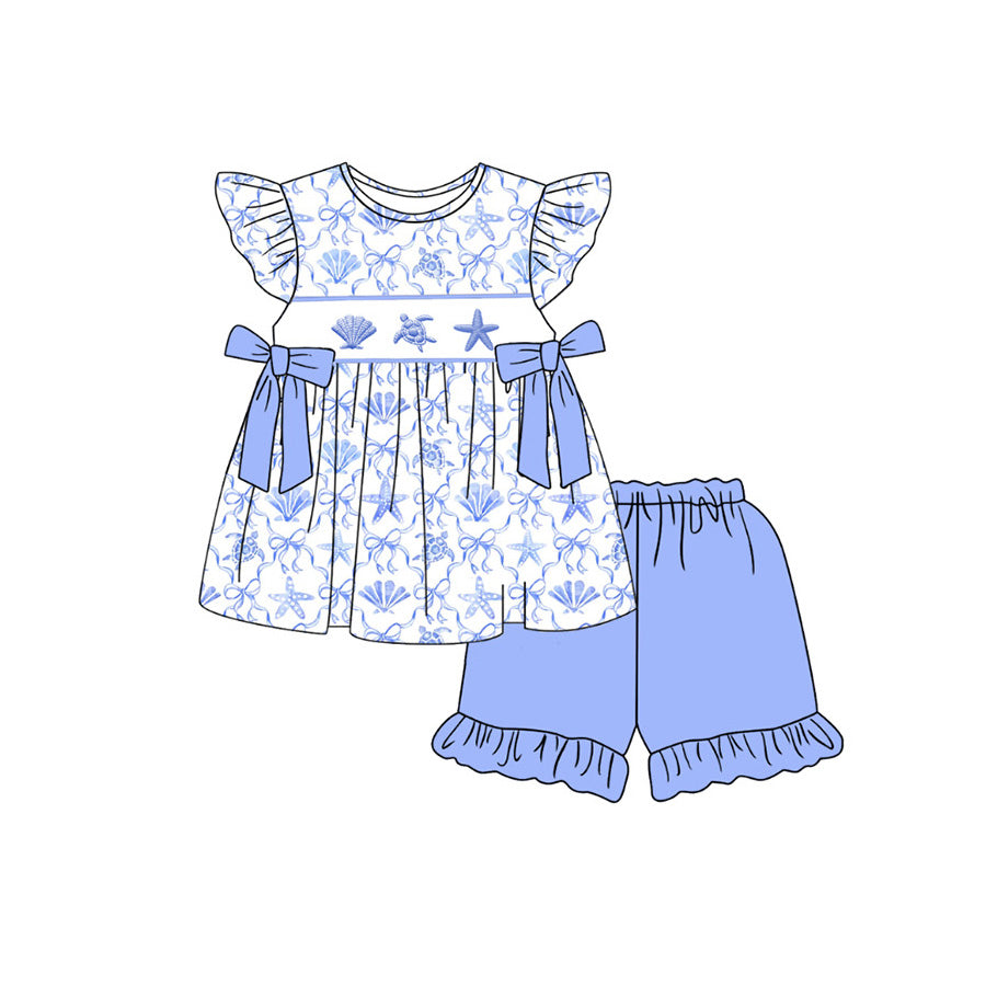 GSSO3531 Preorder Baby Girls Flutter Sleeve Shell Starfishes Tunic Ruffle Short Clothes Sets