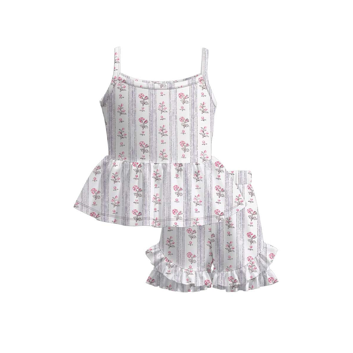 GSSO3532 Preorder Baby Girls Strap Pink Flowers Stripe Tunic Ruffle Short Clothes Sets