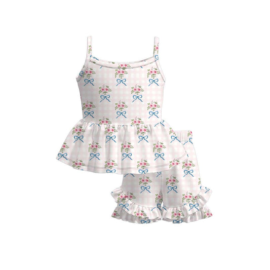 GSSO3533 Preorder Baby Girls Strap Pink Checked Flowers Bows Tunic Ruffle Short Clothes Sets