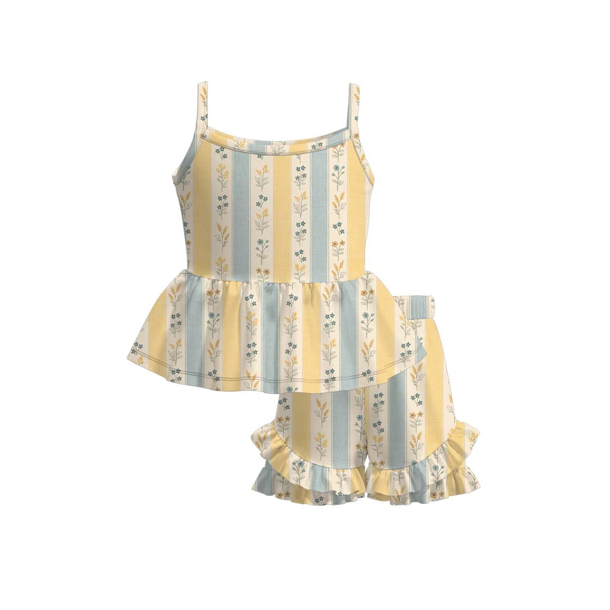 GSSO3535 Preorder Baby Girls Strap Colorful Flowers Stripe Tunic Ruffle Short Clothes Sets
