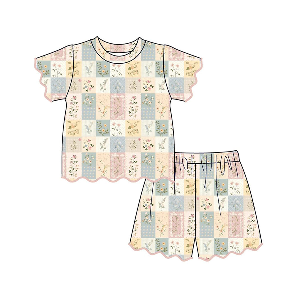 GSSO3536 Preorder Baby Girls Colorful Flowers Checked Top Scallop Short Clothes Sets