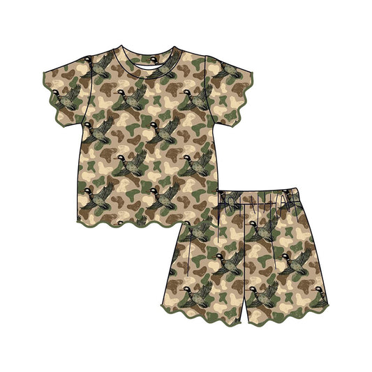 GSSO3537 Preorder Baby Girls Southern Green Camo Ducks Top Scallop Short Hunting Clothes Sets