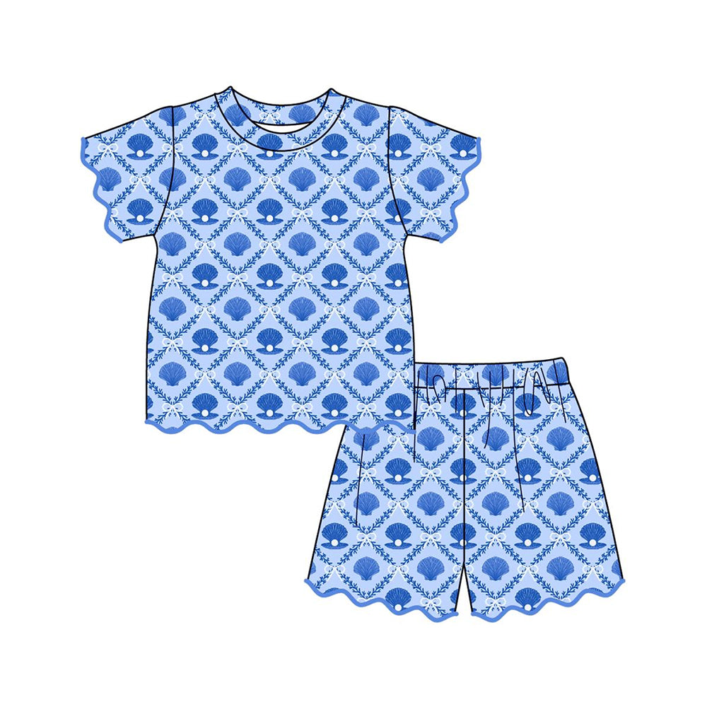 GSSO3538 Preorder Baby Girls Blue Shells Bows Checked Top Scallop Short Clothes Sets
