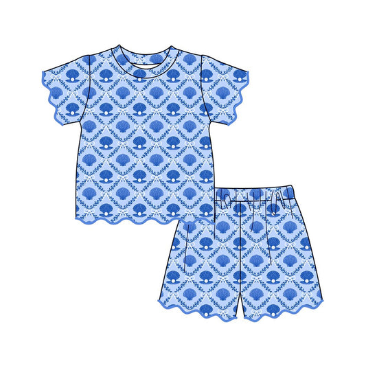 GSSO3538 Preorder Baby Girls Blue Shells Bows Checked Top Scallop Short Clothes Sets