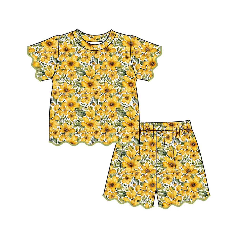 GSSO3539 Preorder Baby Girls Yellow Sunflowers Top Scallop Short Clothes Sets