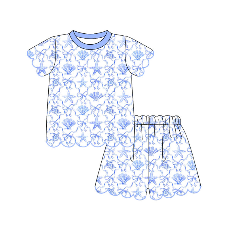 GSSO3542 Preorder Baby Girls Blue Shell Starfish Bows Checked Top Scallop Short Clothes Sets