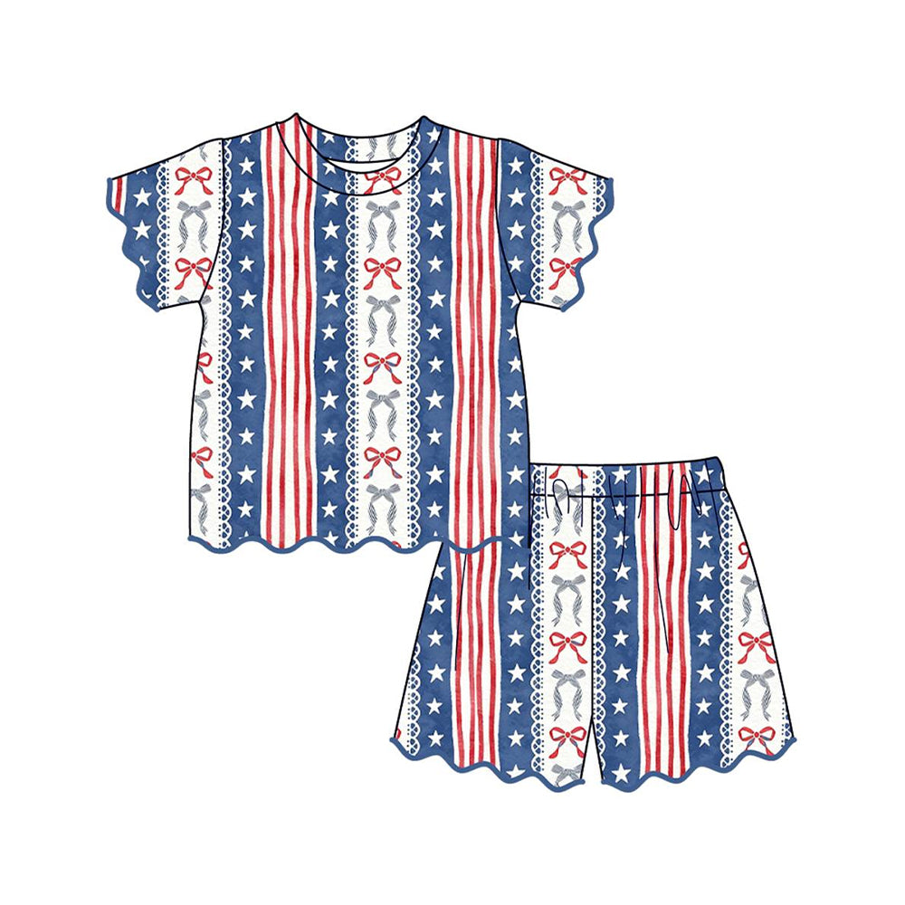 GSSO3546 Preorder Baby Girls Bow Stars Stripe Top Scallop Short 4th of July Clothes Sets